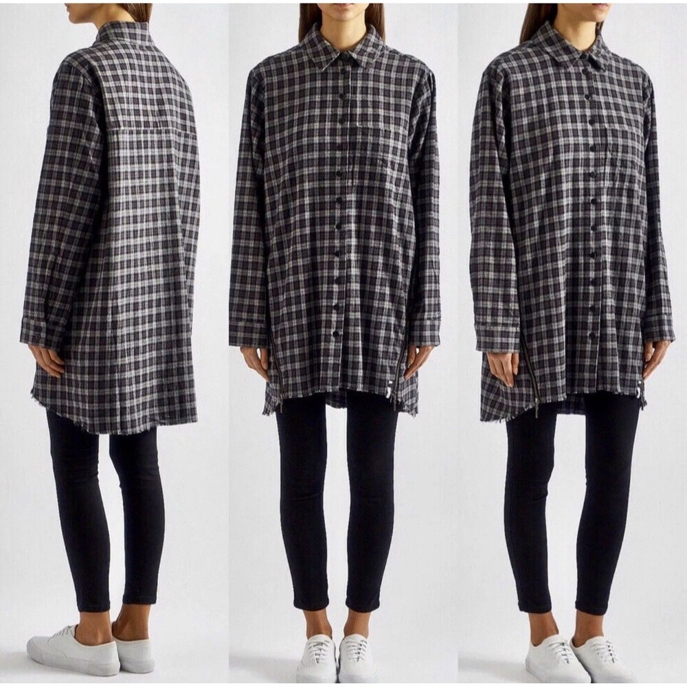 OneTeaSpoon Women's XXS Black &Gray Long Flannel W/side Zippers. Button‎ Down.